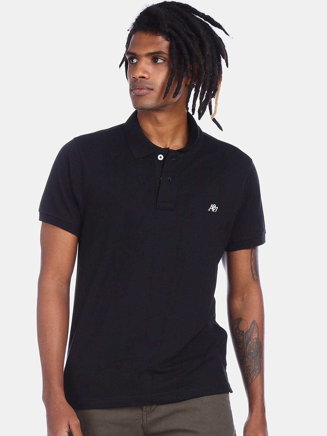 Aeropostale Men Black Solid Polo Collar T-shirt