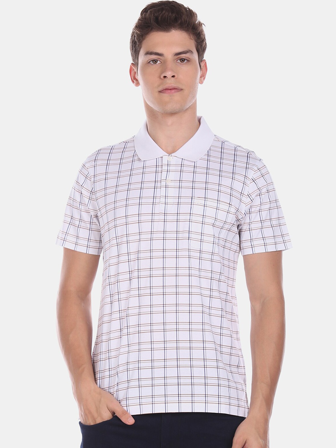 Arrow Men White Checked Henley Neck T-shirt