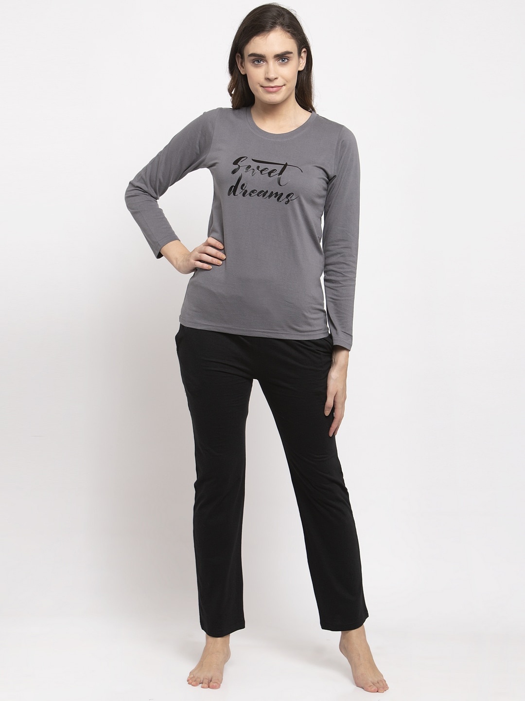 Boston Club Women Solid Grey & Black Night Suit
