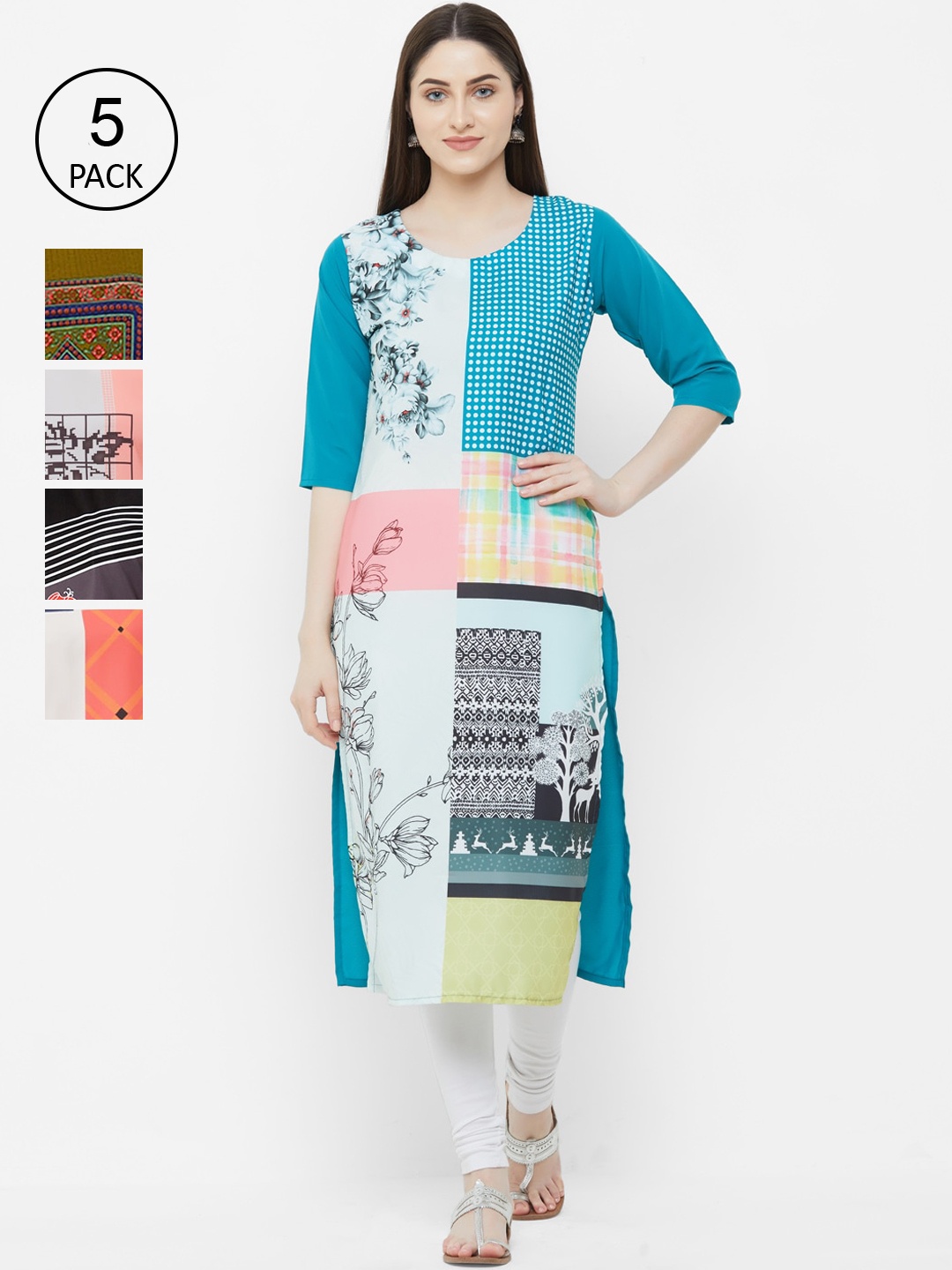 7Threads Women Pack Of 5 Printed Straight Kurta, Blue