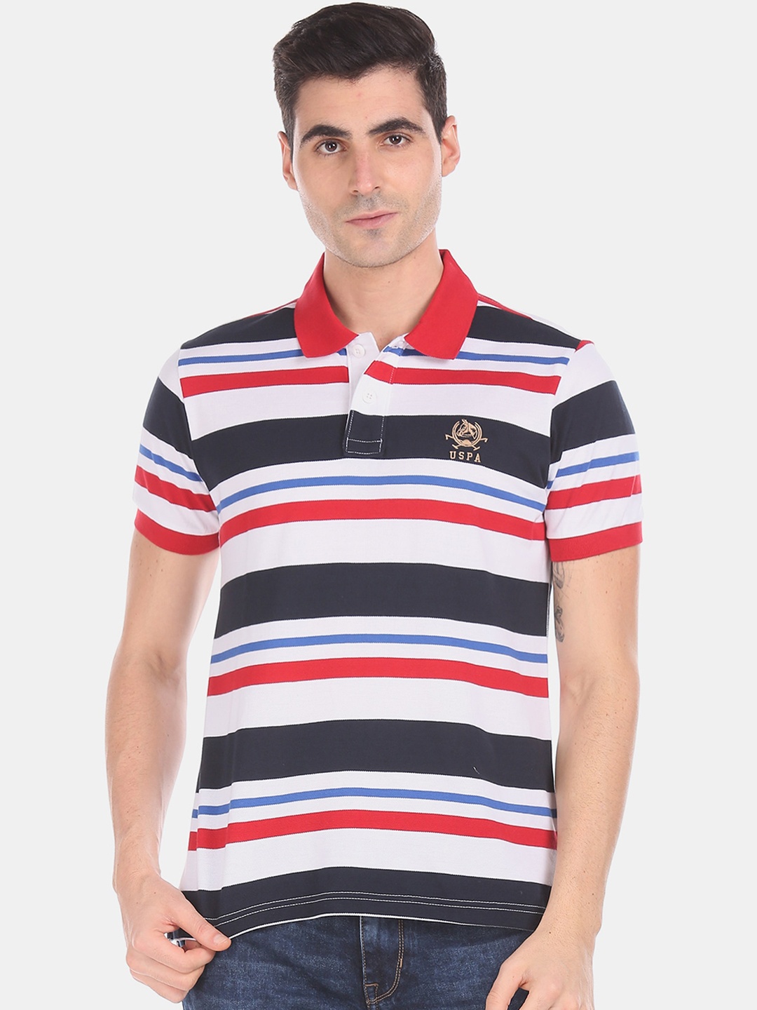 U.S. Polo Assn. Men White Red Striped Polo Collar Cotton Pure Cotton T-shirt
