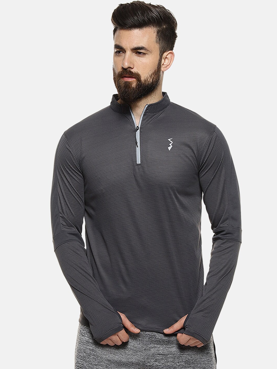 Campus Sutra Men Charcoal Striped High Neck T-shirt