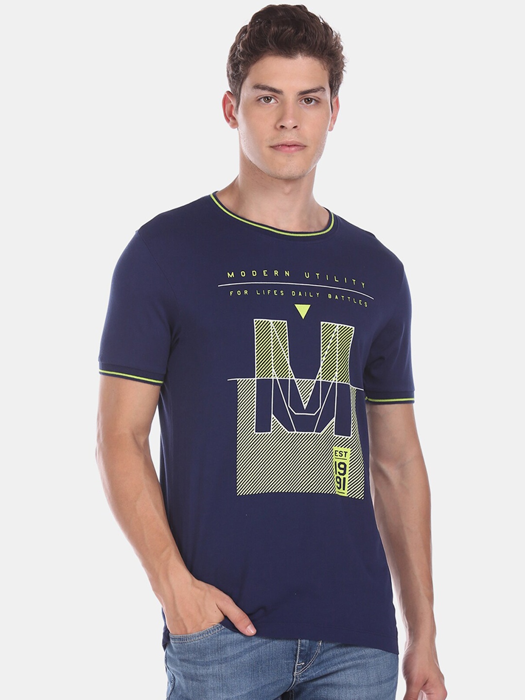 Flying Machine Men Navy Blue Printed Round Neck T-shirt