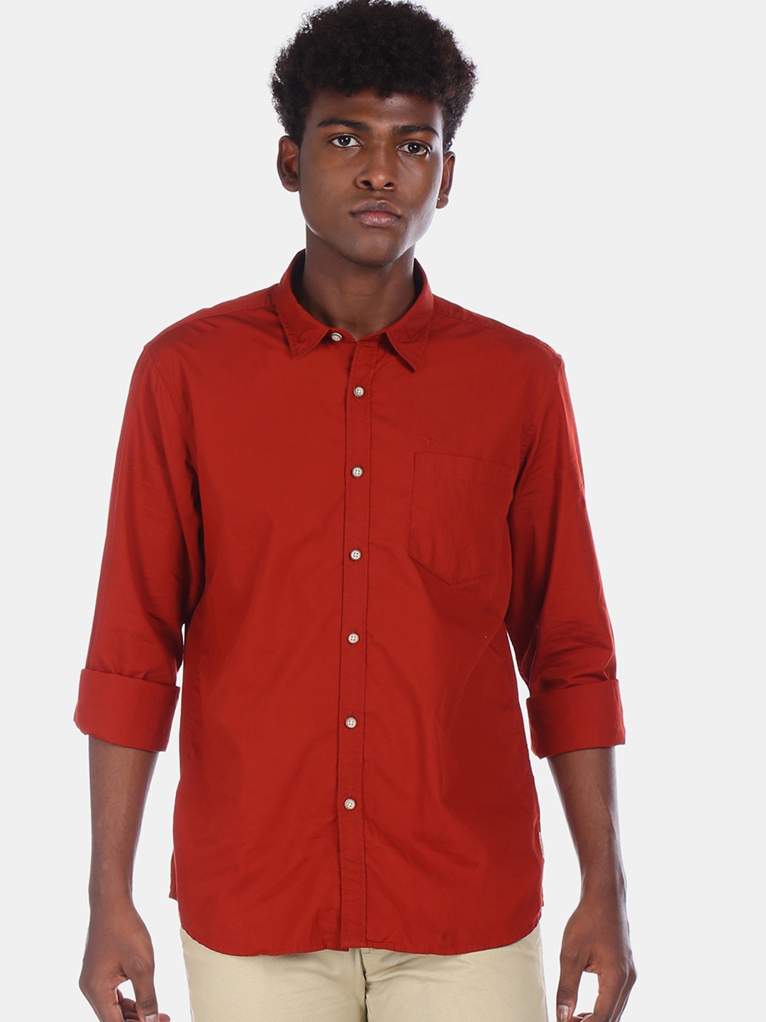 Flying Machine Men Red Regular Fit Solid Cotton Casual Shirt