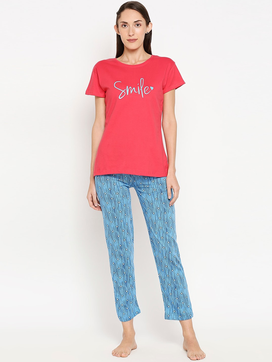 Pretty Awesome Women Red & Blue Printed Night Suit