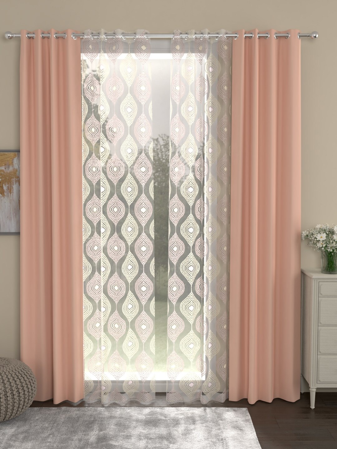 ROSARA HOME Peach-Coloured & White Set of 4 Eyelet Black Out & Sheer Long Door Curtains
ROSARA HOME Peach-Coloured & White Set of 4 Eyelet Black Out & Sheer Long Door Curtains