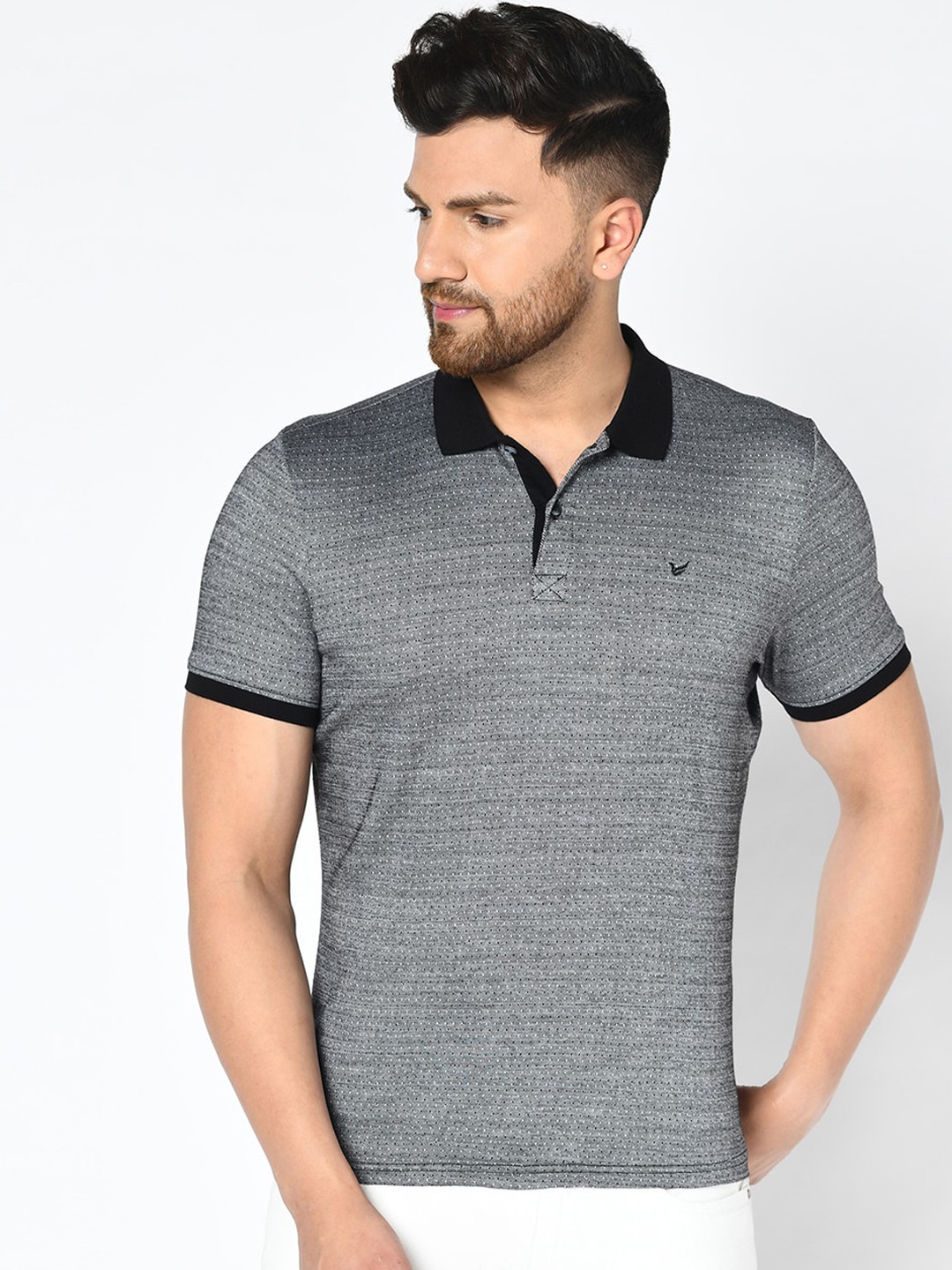 Blackberrys Men Black Slim Fit Self Design Polo Collar T-shirt