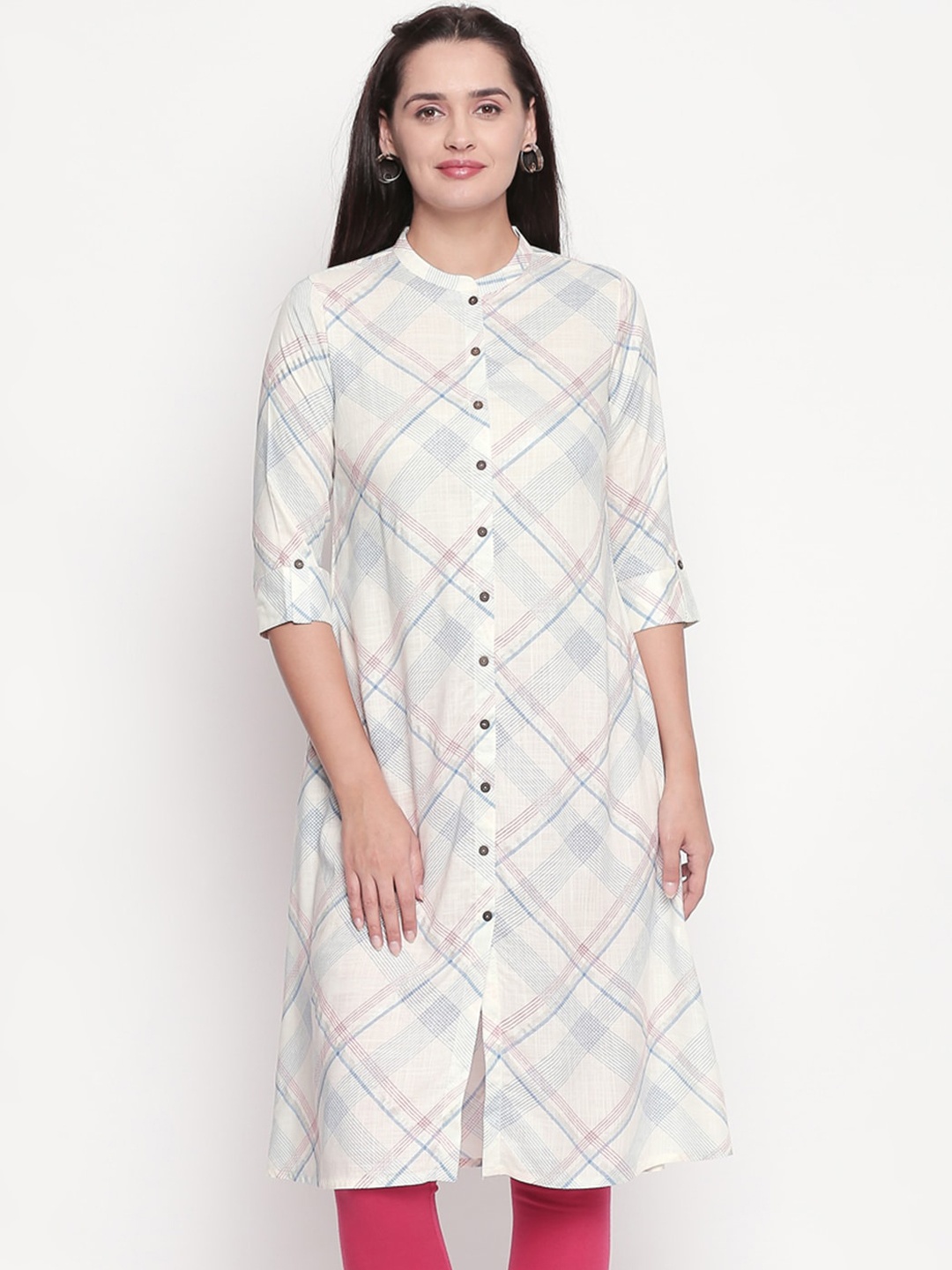 RANGMANCH BY PANTALOONS Women White & Blue Printed Band Collar Kurta