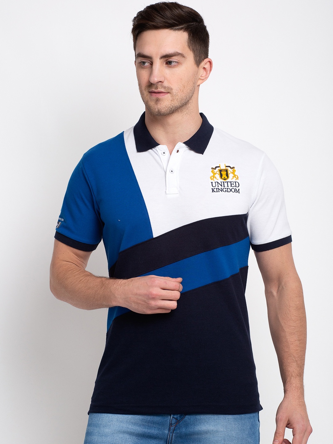 Rodamo Men Blue & White Colourblocked Polo Collar T-shirt