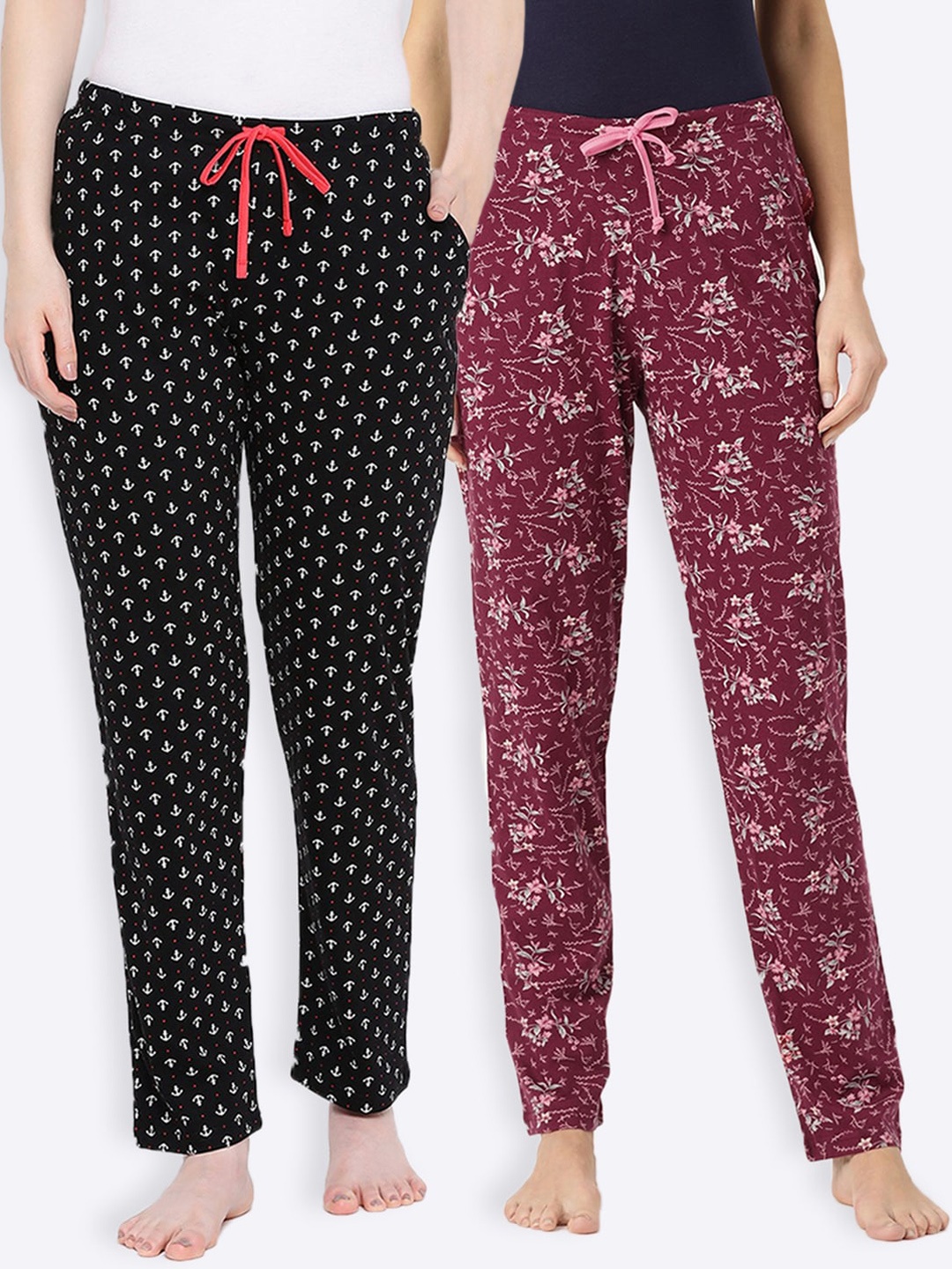 Kanvin Women Pack Of 2 Printed Lounge Pants, Maroon