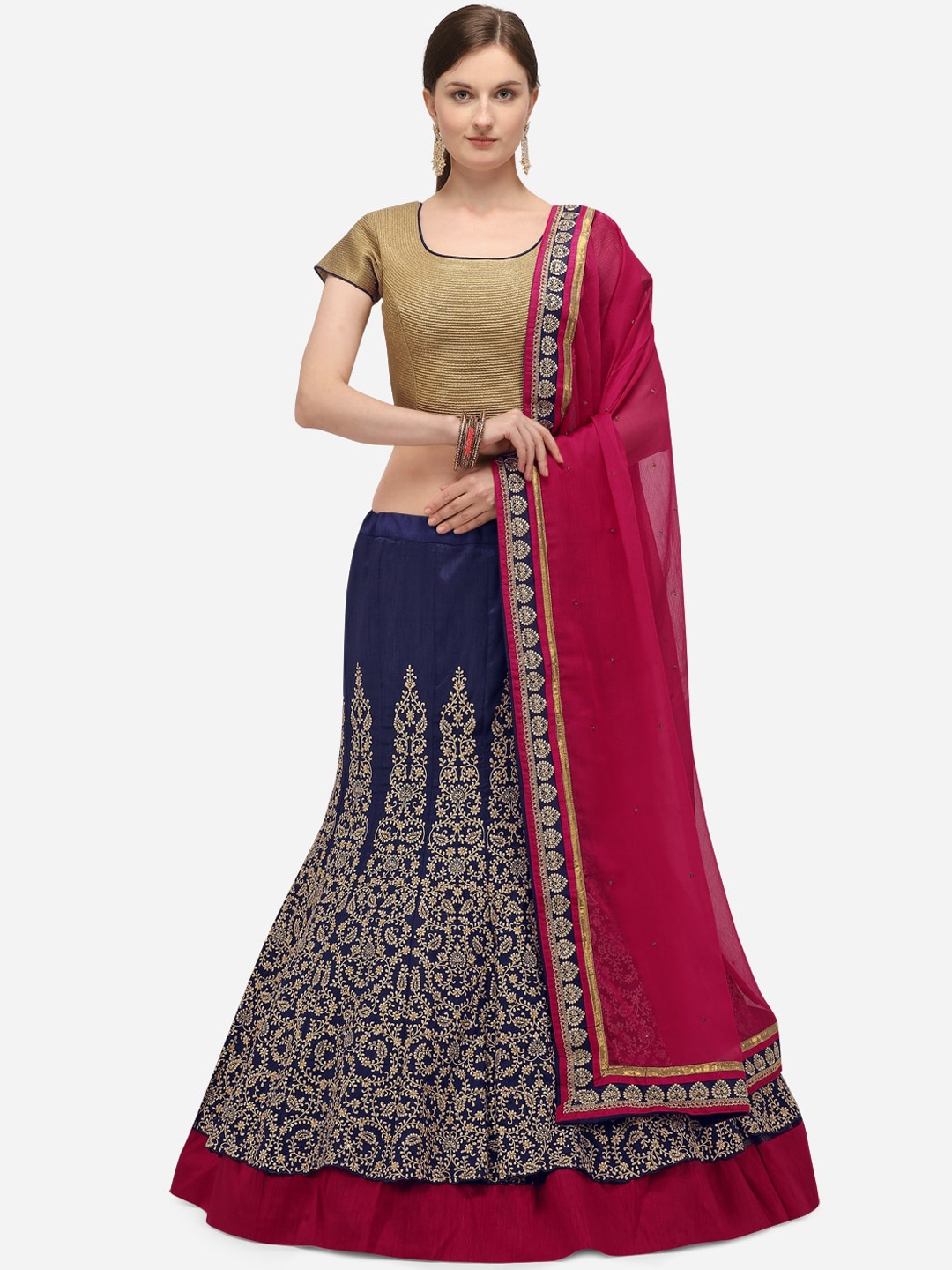 NAKKASHI Navy Blue & Pink Embroidered Semi-Stitched Lehenga & Unstitched Blouse with Dupatta