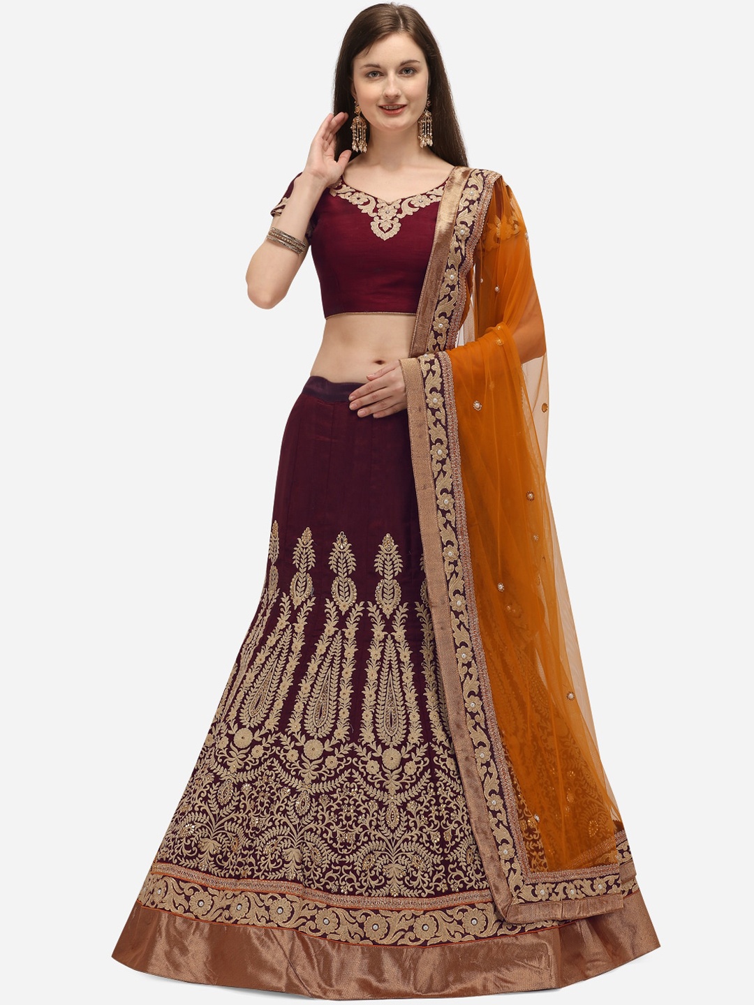 NAKKASHI Maroon & Gold-Toned Embroidered Semi-Stitched Lehenga & Unstitched Blouse with Dupatta
NAKKASHI Maroon & Gold-Toned Embroidered Semi-Stitched Lehenga & Unstitched Blouse with Dupatta