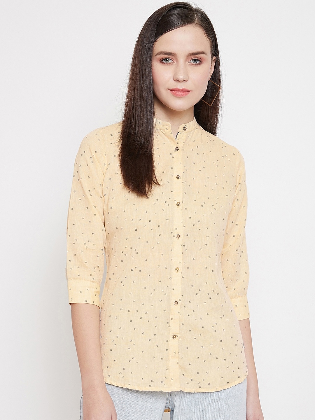 Crimsoune Club Women Beige Slim Fit Printed Casual Shirt