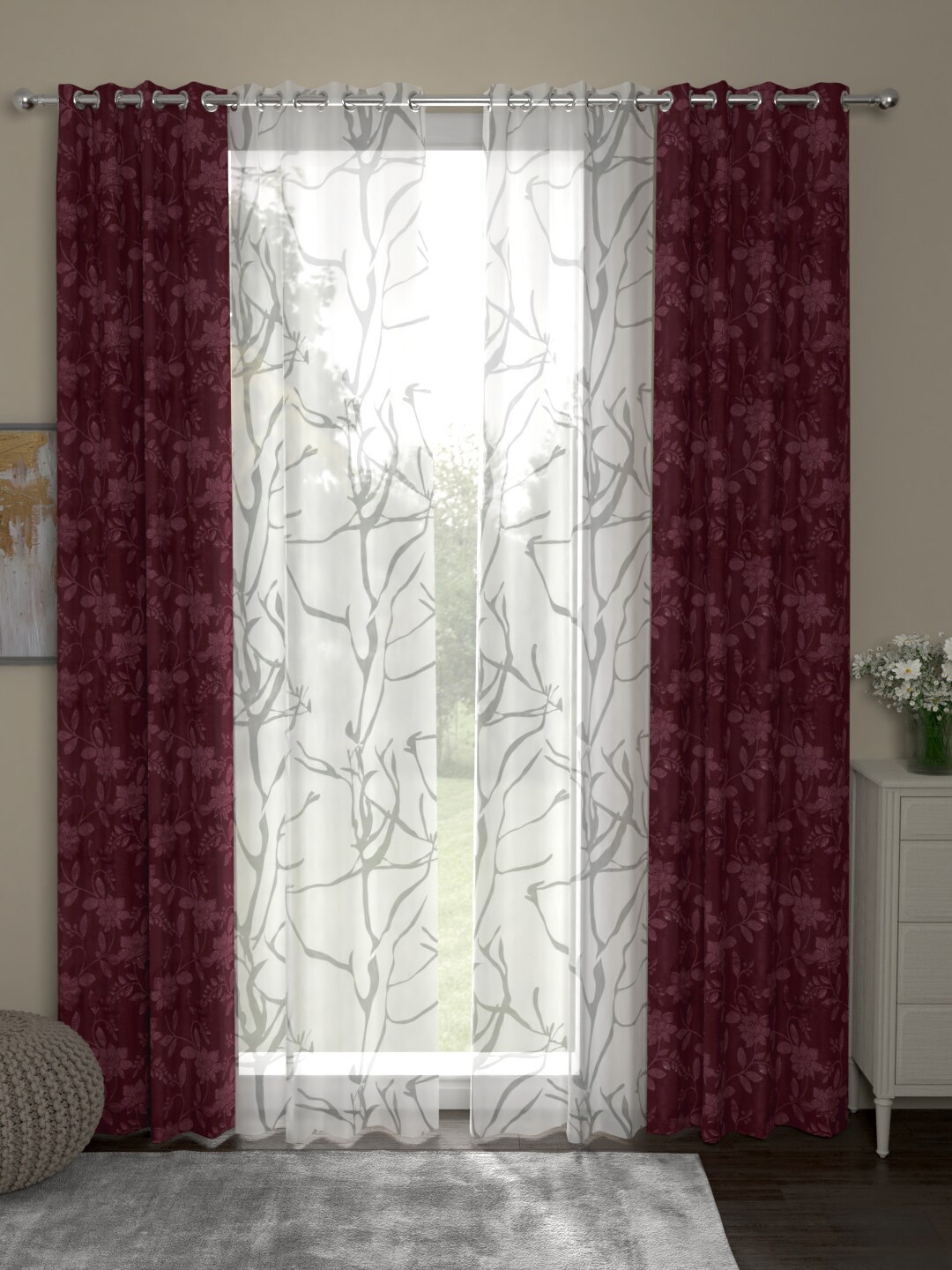 ROSARA HOME Set Of 4 Maroon & White Long Door Curtains