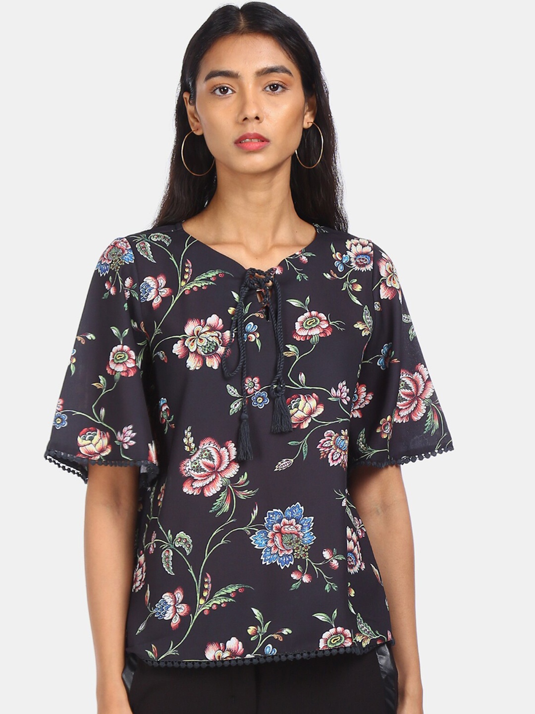 Cherokee Charcoal Floral Printed Tie-up Neck Top