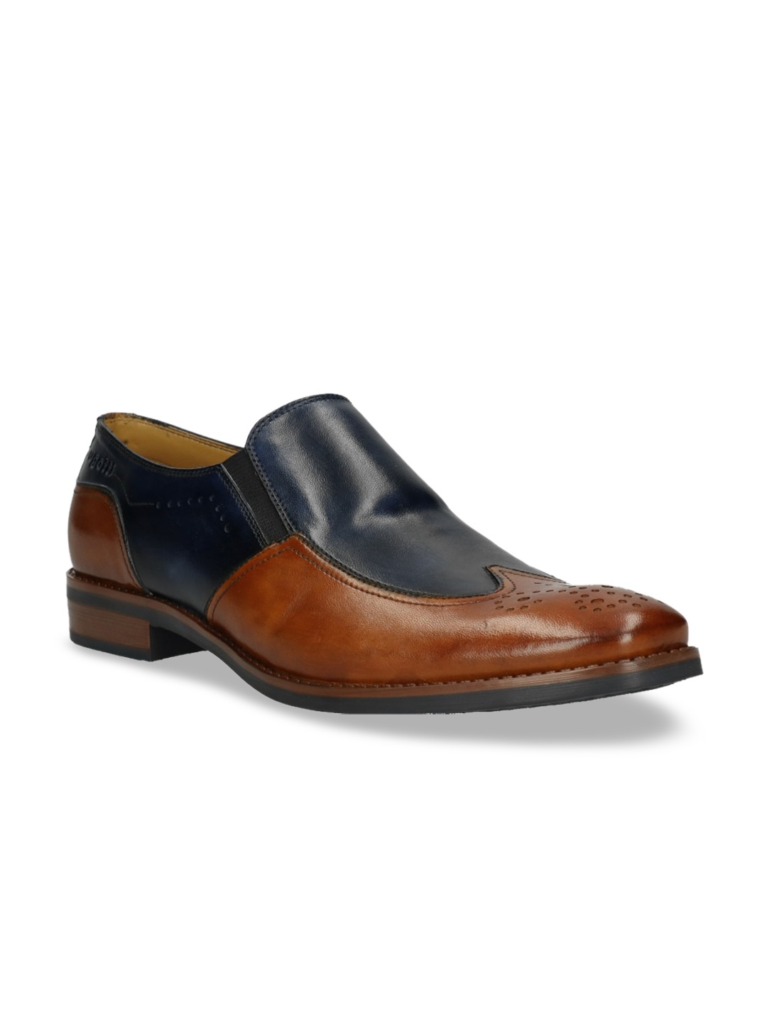 Bugatti Men Brown & Navy Blue Colourblocked Leather Formal Slip on Shoes