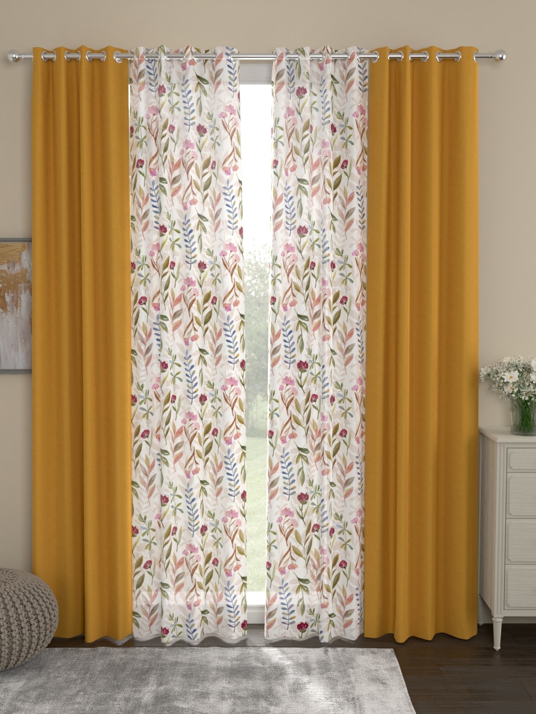 ROSARA HOME Mustard & White Set of 4 Long Door Curtains