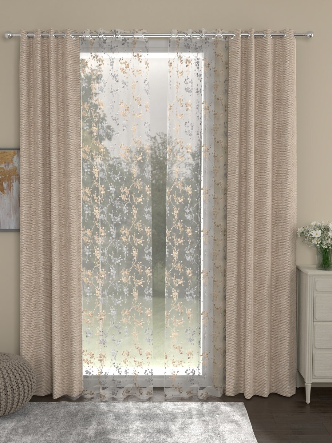 ROSARA HOME Beige & Grey Set of 4 Long Door Curtains