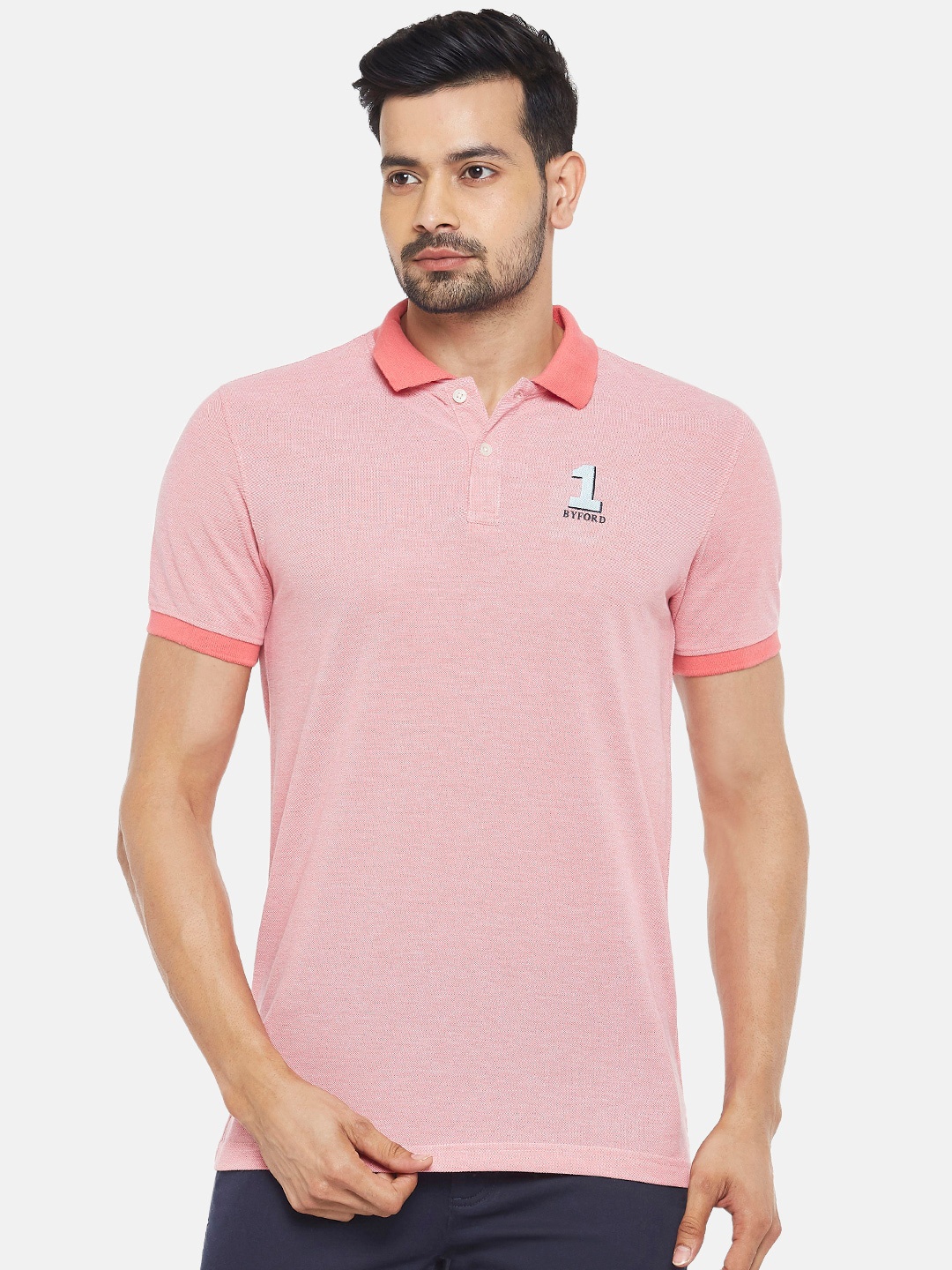 BYFORD by Pantaloons Men Pink Solid Polo Collar T-shirt