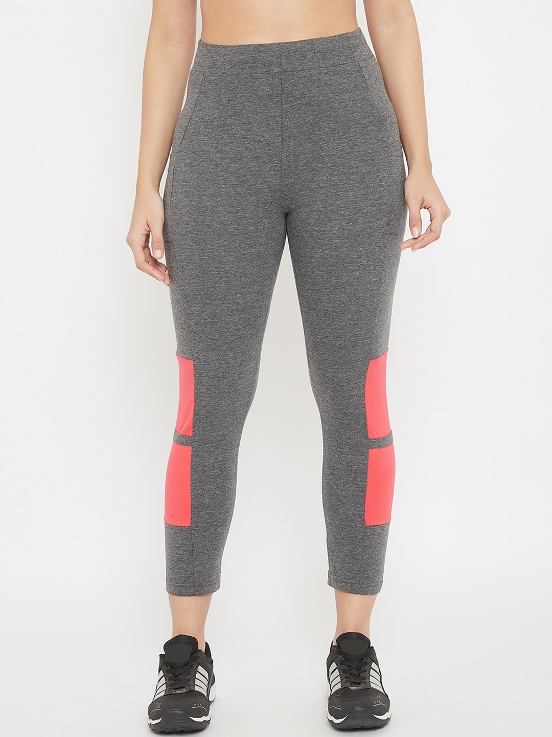 C9 AIRWEAR Women Grey & Coral Pink Solid Slim-Fit Track Pants