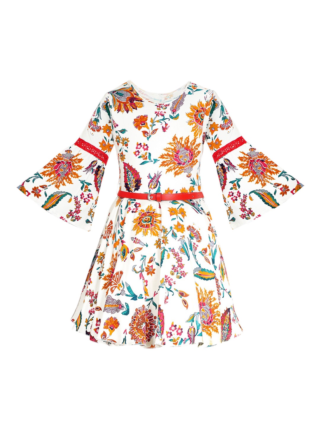 Naughty Ninos Girls White Printed Fit and Flare Dress