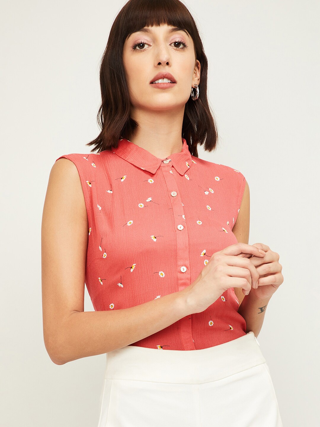 Bossini Coral Floral Printed Shirt Style Top