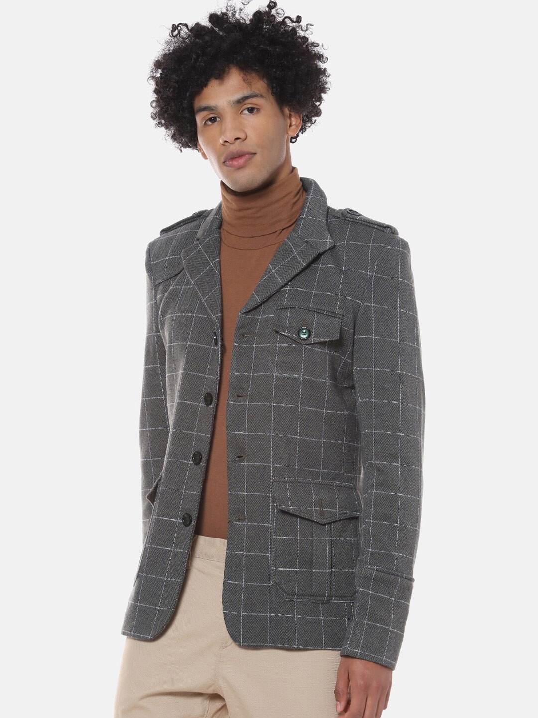 Campus Sutra Men Grey Checked Single-Breasted Casual Blazer