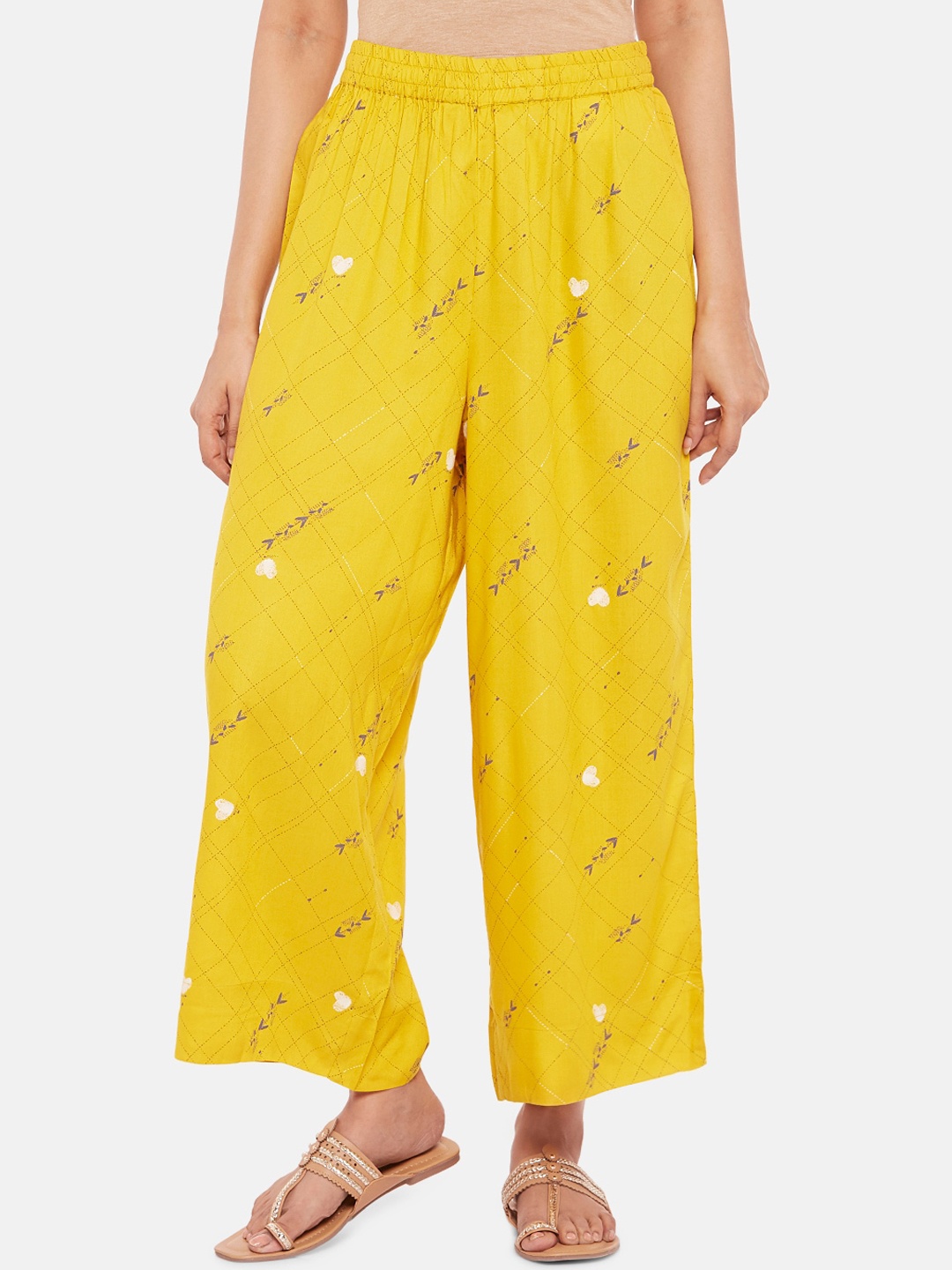RANGMANCH BY PANTALOONS Women Mustard Yellow & Grey Printed Wide Leg Palazzos