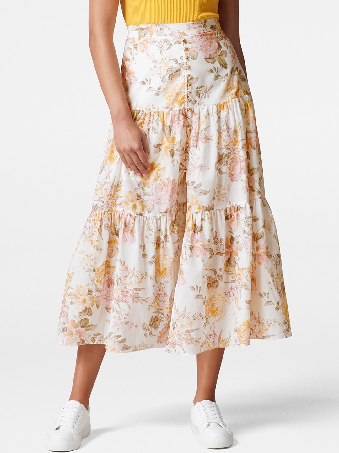 Forever New Women Peach Coloured & Yellow Printed Midi Tiered Skirt