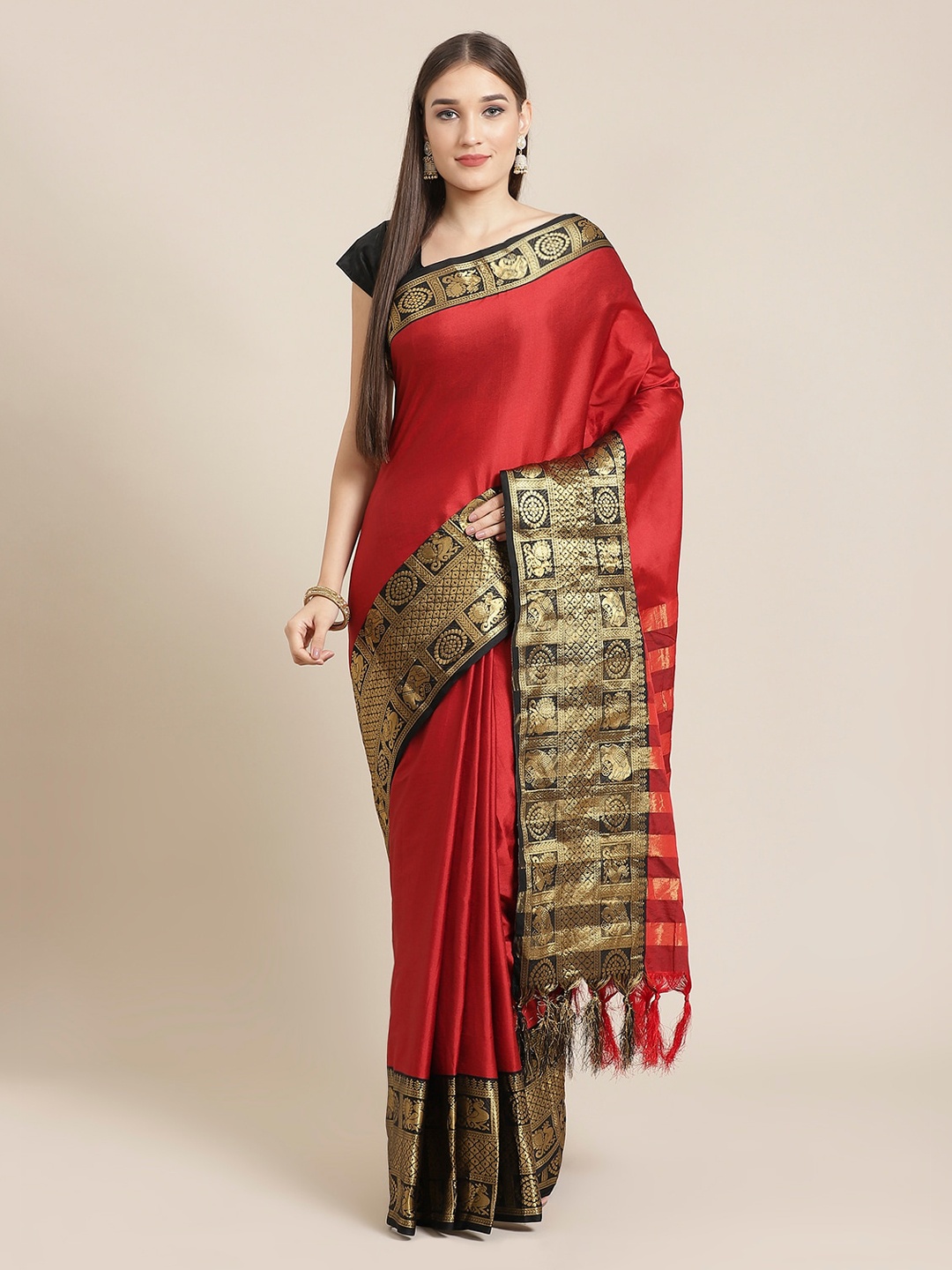 Mitera Red & Black Pure Silk Solid Kanjeevaram Saree