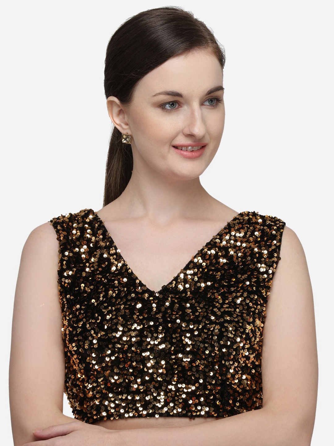 Fab Dadu Women Black & Gold-Coloured Sequin Embellished Velvet Saree Blouse