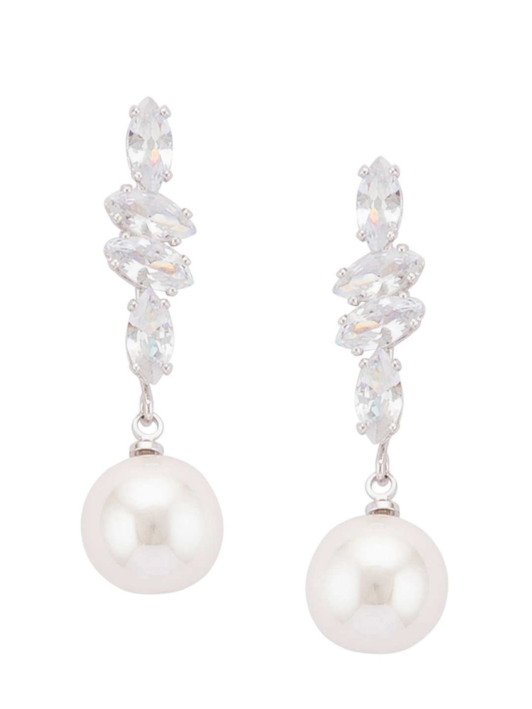 Globus Silver-Toned & White Contemporary Drop Earrings