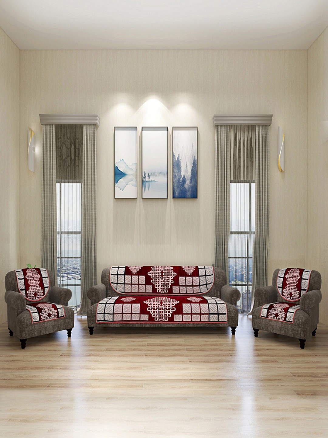 ROMEE Set Of 6 Maroon & White Geometric 5-Seater Sofa Cover