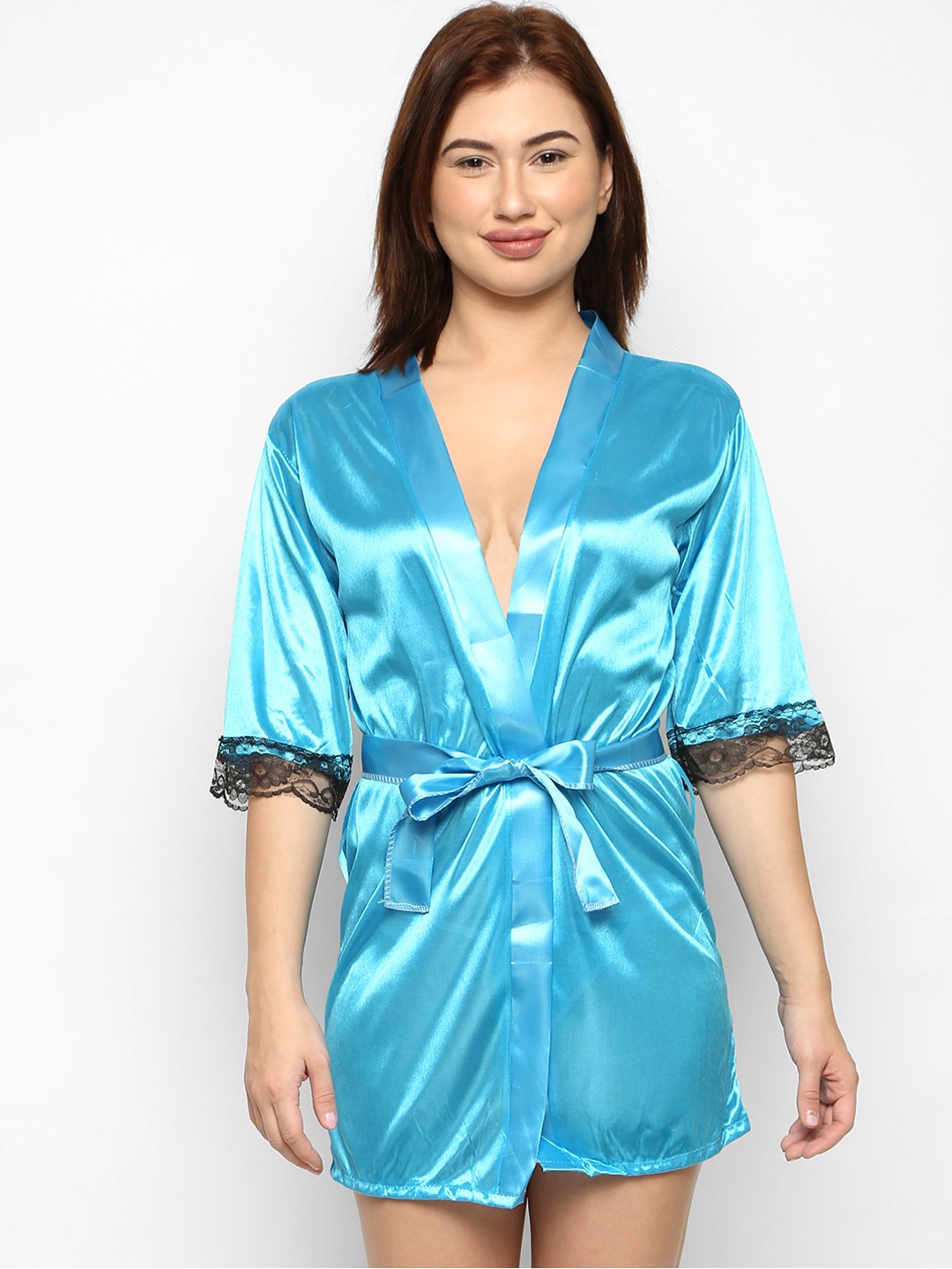 Ms.Lingies Women Turquoise Blue Solid Robe With G-String Briefs