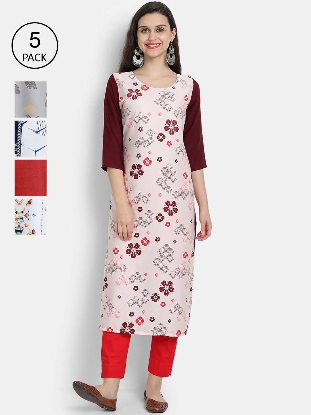 7Threads Women Pack of 5 Floral Printed Crepe Kurta, Multi