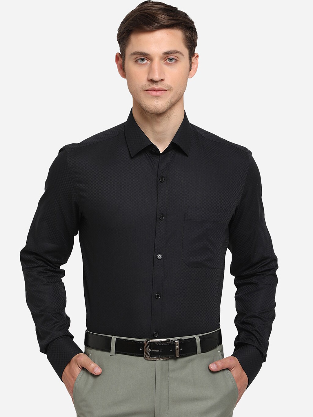 JADE BLUE Men Black Slim Fit Self Design Formal Shirt