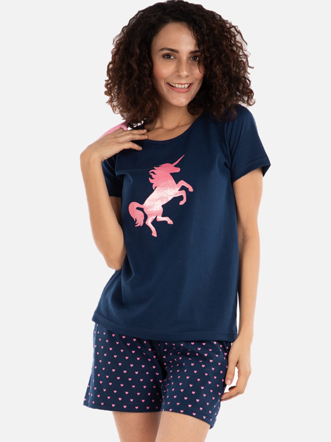 Nite Flite Women Blue Printed Night Suit, Navy blue