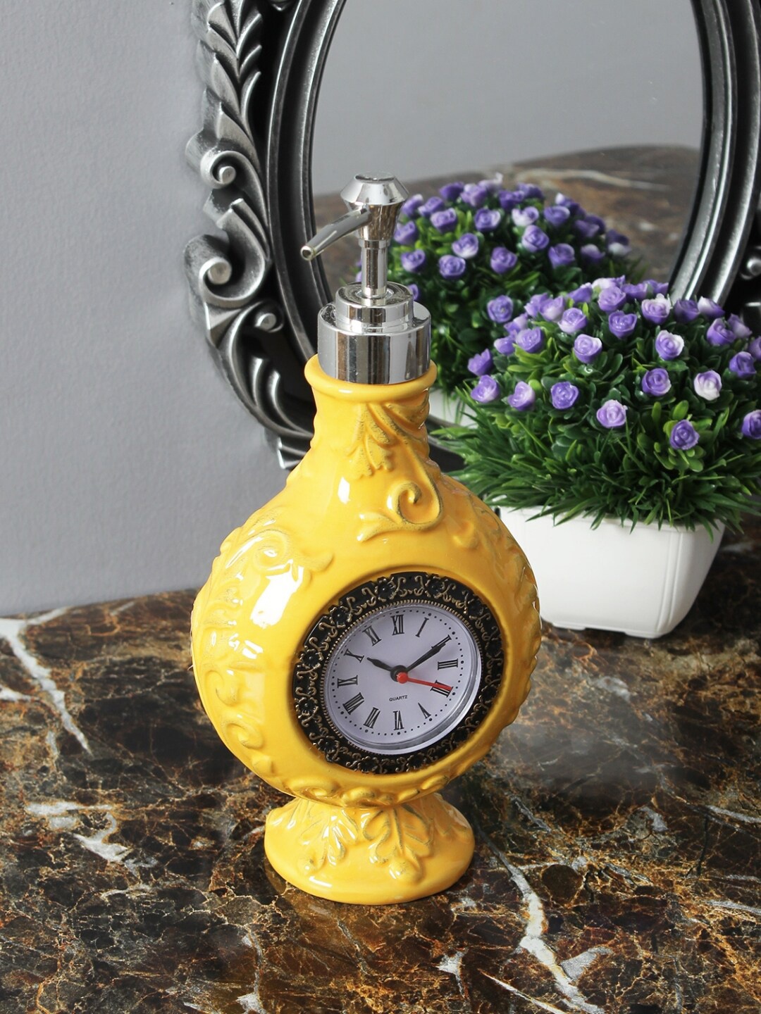 A Vintage Affair- Home Decor Unisex Yellow & White Vintage Clock Liquid Soap Dispenser
A Vintage Affair- Home Decor Unisex Yellow & White Vintage Clock Liquid Soap Dispenser