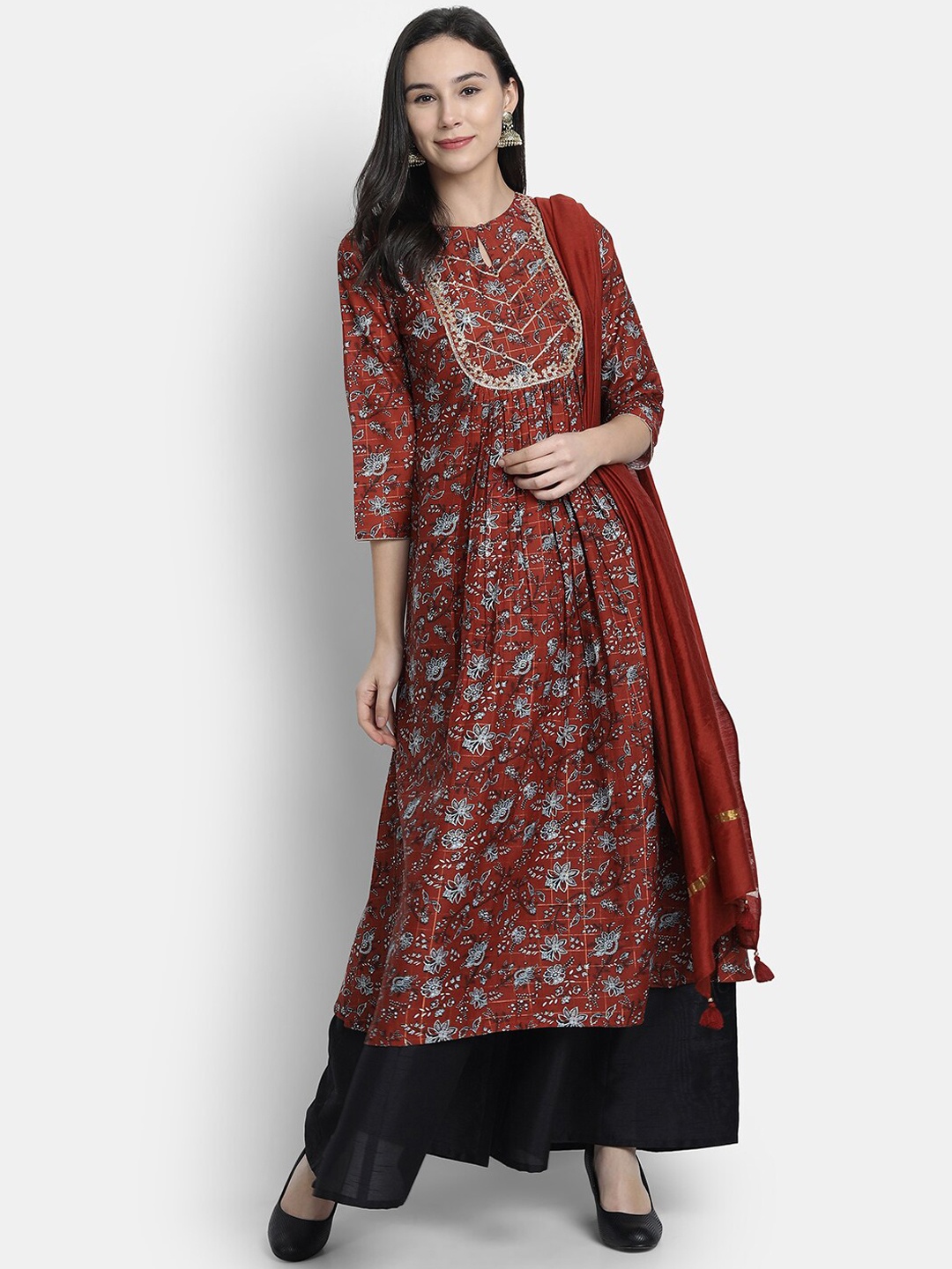 Janasya Women Maroon Printed Kurta with Palazzos & Dupatta