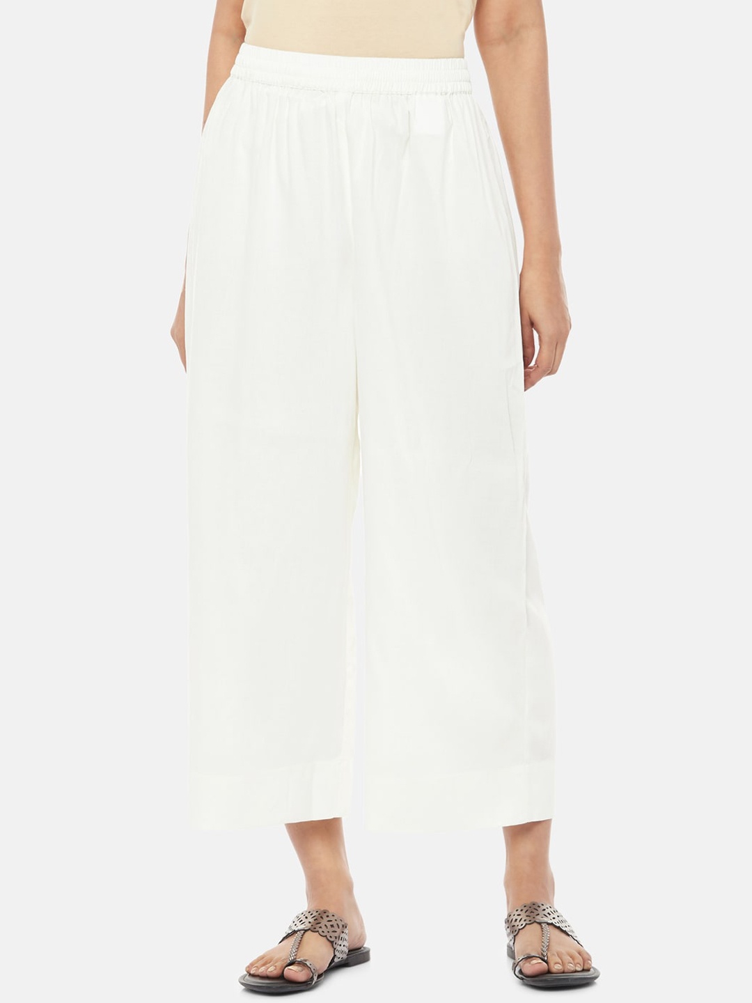 RANGMANCH BY PANTALOONS Women Off-White Solid Flared Palazzos