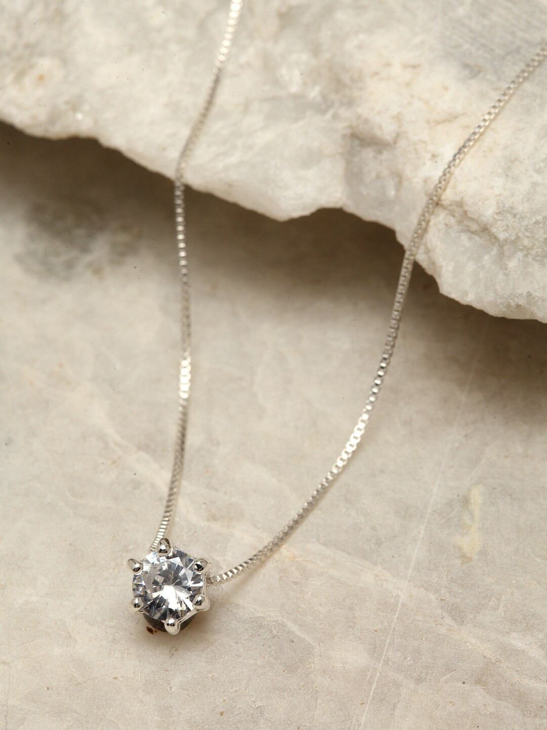 Ferosh Silver-Plated White Crystal-Studded Pendant With Chain 
Ferosh Silver-Plated White Crystal-Studded Pendant With Chain