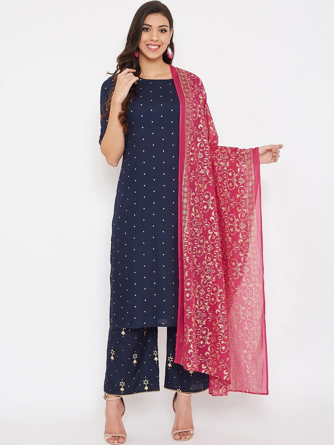 Prakhya Women Blue & Pink Printed Kurta with Palazzos & Dupatta