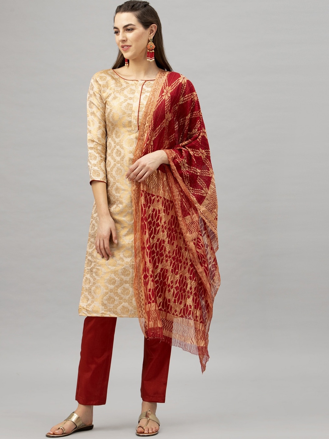 Satrani Cream-Coloured & Red Poly Silk Unstitched Dress Material