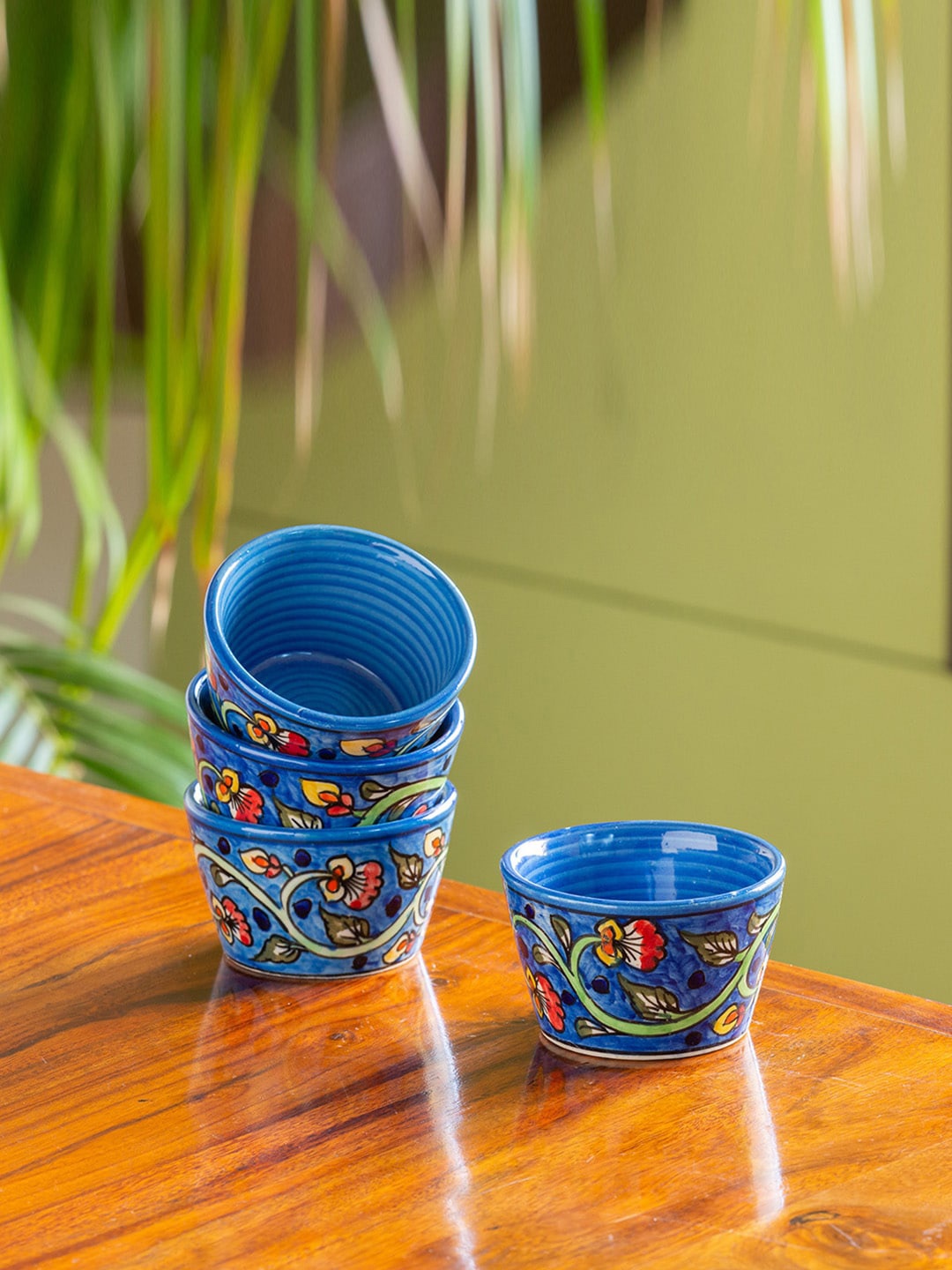 ExclusiveLane Set of 4 Blue Mughal Gardens Ceramic Bowls Set 210 ml