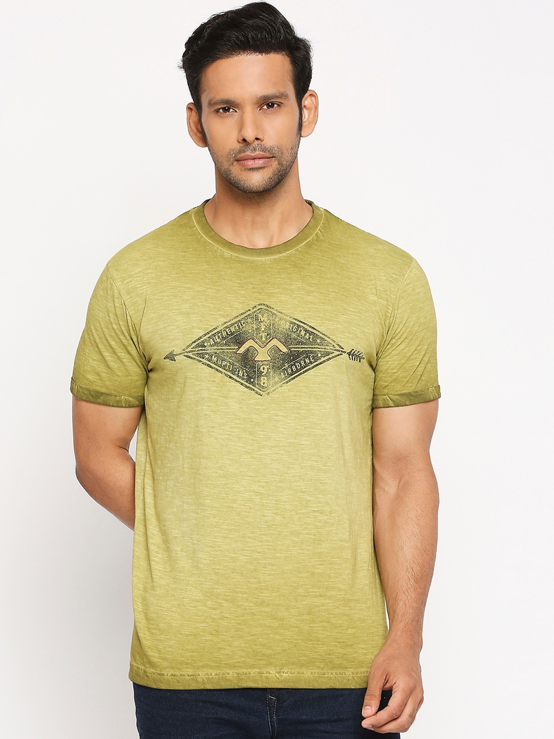 Mufti Men Olive Green Printed Round Neck T-shirt