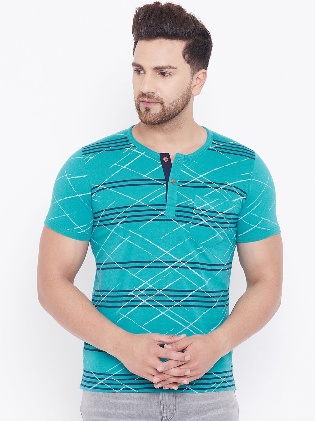 Adobe Men Turquoise Blue Printed Henley Neck T-shirt