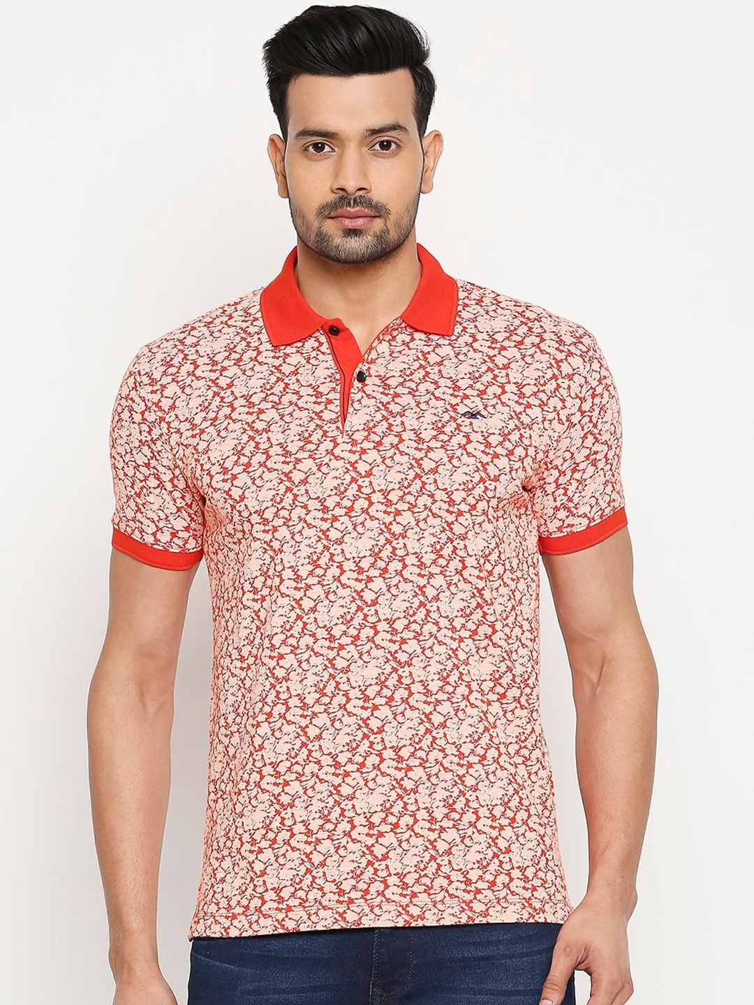 Mufti Men Orange Printed Polo Collar Pure Cotton T-shirt