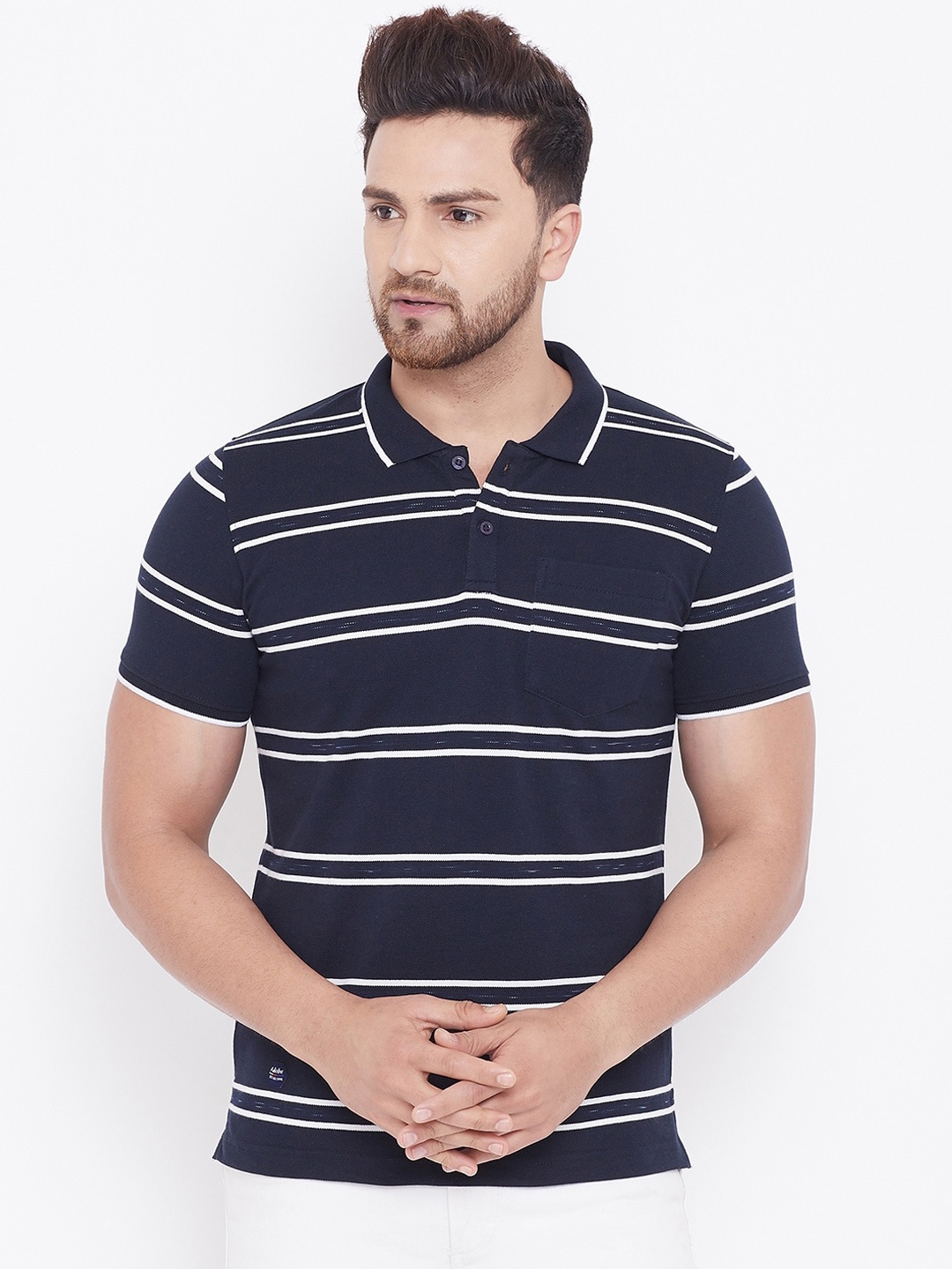 Adobe Men Navy Blue Striped Polo Collar T-shirt