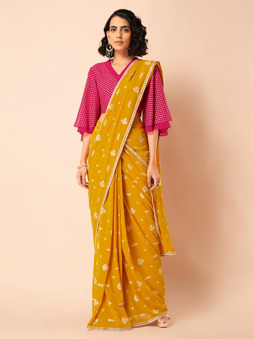 INDYA Mustard Boota Foil Saree Skirt, Yellow