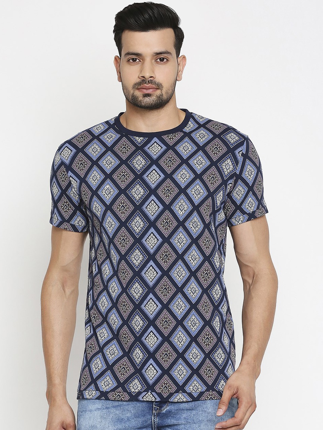 Mufti Men Navy Blue Printed Round Neck Cotton Pure Cotton T-shirt